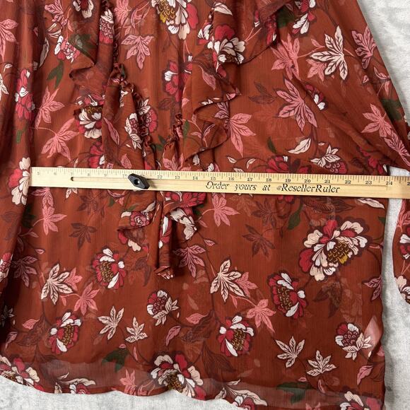 Eloquii Elements Blouse Womens 20 Brown Floral Ruffle Sheer Long Sleeve Boho Top - Picture 7 of 10